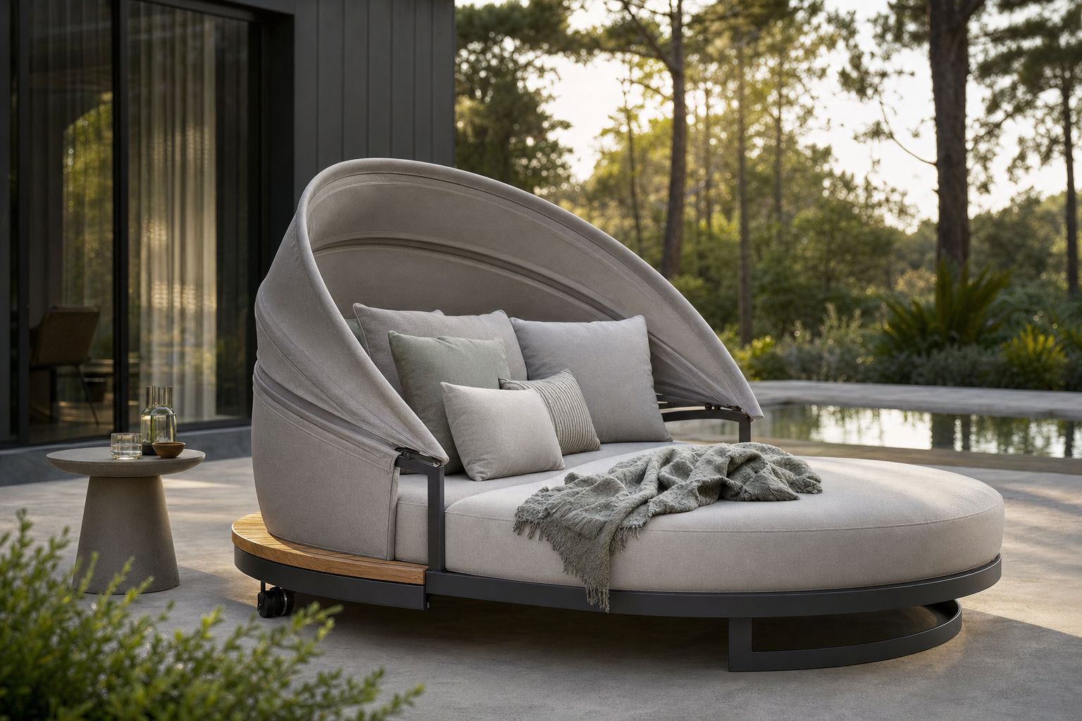 Luxe loungebed met kussens en overkapping in tuin